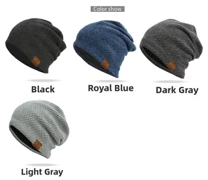 Detailed view of winter chenille waffle knit beanies in four colors with leather logo patch