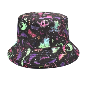 Detailed view of neon bat and skull patterns on a black gothic bucket hat for adults