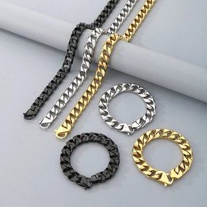 Detailed close-up of Cuban link chain sets in black, silver, and gold stainless steel