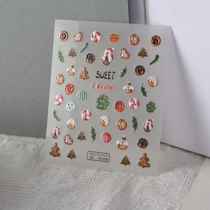 Detailed macro view of 5D embossed Christmas nail stickers with Santa and gingerbread patterns