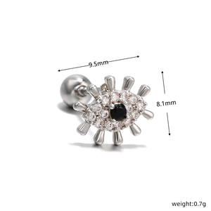 Macro view of silver Evil Eye ear stud showing 9.5x8.1mm size and 0.7g weight detail