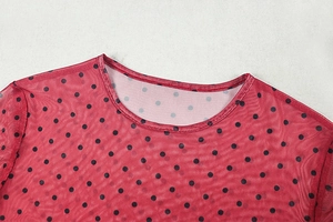 Close-up detail of the round neckline and sheer red polka dot mesh fabric on the dress