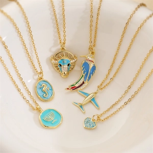Enamel Pendant Necklace Copper Gold Plated Dainty Seahorse Airplane Heart Bull Menorah Jewelry For Women