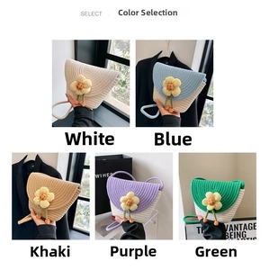 Collage showing detailed knit textures and floral accents on various colorful bucket bags