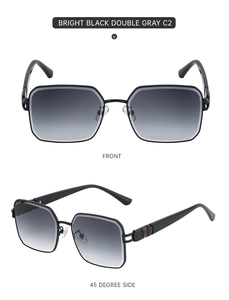 Front and side view of square sunglasses with bright black frames and gray gradient lenses