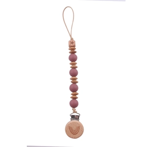 Detail of pink silicone beads and natural beech wood clip on baby pacifier chain