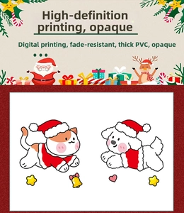 Detailed view of Christmas cartoon dog and cat static window stickers in thick PVC material