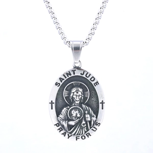 Polished silver Saint Jude religious medallion pendant with engraved Pray For Us text