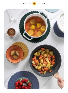 Detailed top view of heat-resistant silicone table mats on marble surface