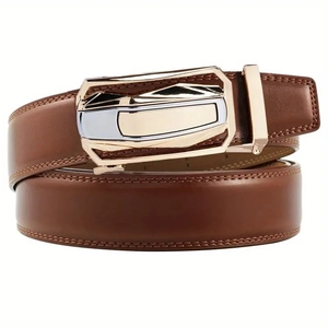 Classic brown leather business belt for men with a two-tone gold and silver alloy buckle