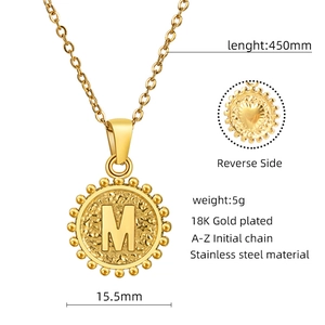 Detailed view of 18K gold plated stainless steel M letter pendant with 450mm chain