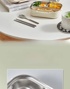 Close-up of 304 stainless steel divided bento box interior and reusable utensils set