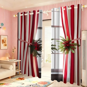 Christmas window curtains with red and white stripes and festive greenery tiebacks