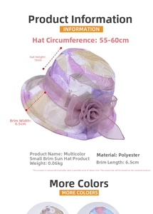 Detail specifications of purple floral sun hat with mesh flower and polyester fabric