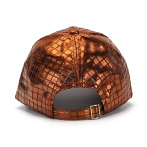 Detail of metallic bronze baseball cap with square embossed texture and adjustable buckle