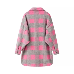 Women's casual loose plaid flannel shirt jacket in pink and grey checkered pattern
