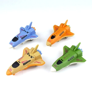 Four colorful pull-back space shuttle toys for kids in blue, orange, yellow and green