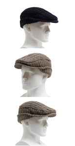 Close-up of knit beret caps with ear protection in navy, brown, and khaki colors