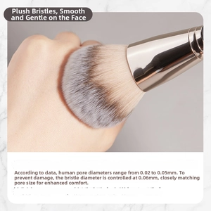 Detail of 0.06mm soft fibers on large makeup brush sweeping across skin surface