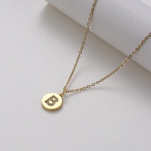 Gold stainless steel chain necklace with micro-pave zircon letter B round pendant