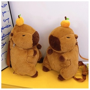 Close-up of brown capybara plush backpack with orange fruit accessory and zipper detail