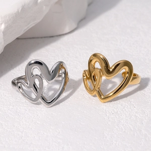 Double Heart Ring Stainless Steel 18K Gold Plated Adjustable Open Band Jewelry Minimalist Geometric For Women