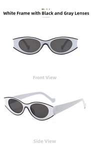 Front and side views of trendy oval white sunglasses with black lacquer trim