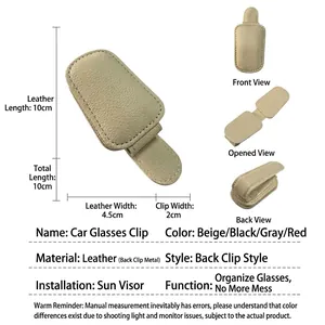 Beige leather car sun visor sunglasses holder with metal clip for vehicle storage