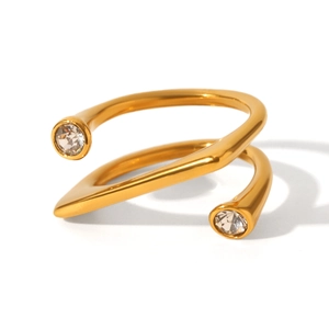 Detail of 18K gold plated stainless steel spiral ring set with clear zircon stones