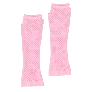 Detailed view of pink long fishnet fingerless gloves made of elastic nylon mesh fabric