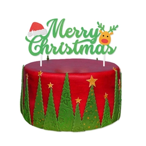 Topper per torta Merry Christmas verde glitterato con corna di renna e cappellino
