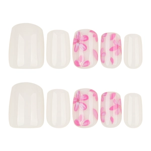 Short square milky white and pink floral press-on nails set with glossy finish