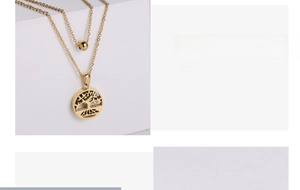 Detailed view of layered gold tree of life pendant set with polished bead accents