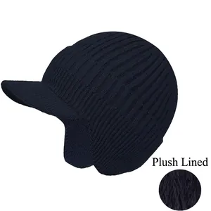 Detail view of winter knit beanie with brim showing thick fleece lining and ear protection