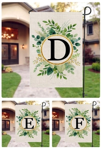 Outdoor Christmas garden flags with floral wreath and letters D, E, F on linen texture