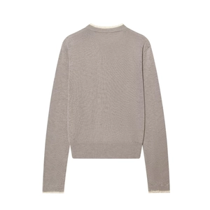 Taupe long-sleeve knit cardigan for women with elegant lace trim and a classic round neck