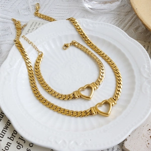 Stainless Steel Heart Pendant Necklace 18K Gold Plated Hollow Heart Cuban Link Chain Minimalist Jewelry For Women