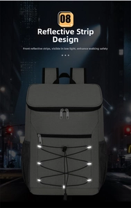 Detail of insulated backpack featuring reflective safety bungee cords for night visibility