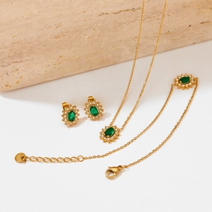 French vintage stainless steel jewelry set with green gemstones and zircon accents