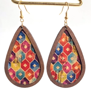 Teardrop Earrings Vintage Wood And Leather Rainbow Geometric Pattern Bohemian Style Dangle Ear Jewelry For Women