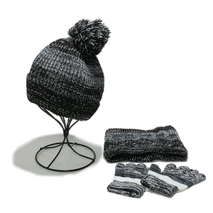 Winter kids knit set with pompom hat, thick scarf and gloves in grey gradient stripes