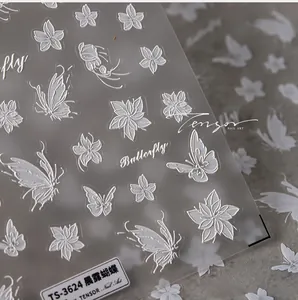 Detailed 5D embossed butterfly and floral nail stickers with ultra-thin white textures