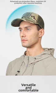 Detail of breathable camouflage mesh and tactical US flag patch on outdoor baseball cap