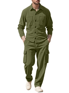 Close-up of military green corduroy texture on men's shirt and cargo pants set