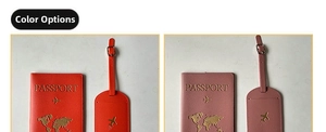 Detail view of orange and pink PU leather passport holders and matching luggage tags