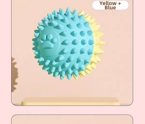 Detailed 3D view of a spiked blue and yellow TPR dog toy ball with paw print pattern