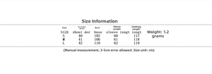 Detailed size chart for white wool coat with shoulder and bust measurements in cm