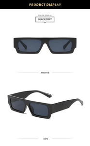Front and side view of black rectangular narrow sunglasses with polished finish frames