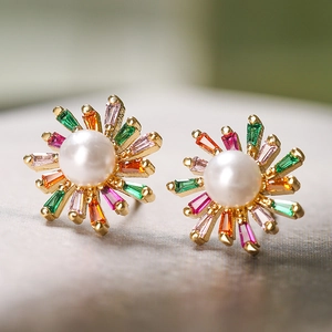 Gold-plated floral earring with white pearl center and vibrant multicolored zircons