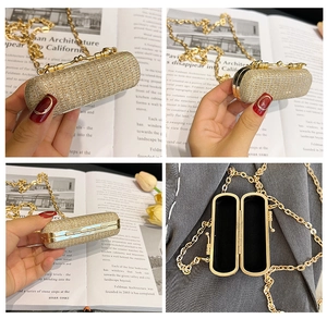 Detailed views of a gold cylindrical luxury evening bag with rhinestones and chain strap